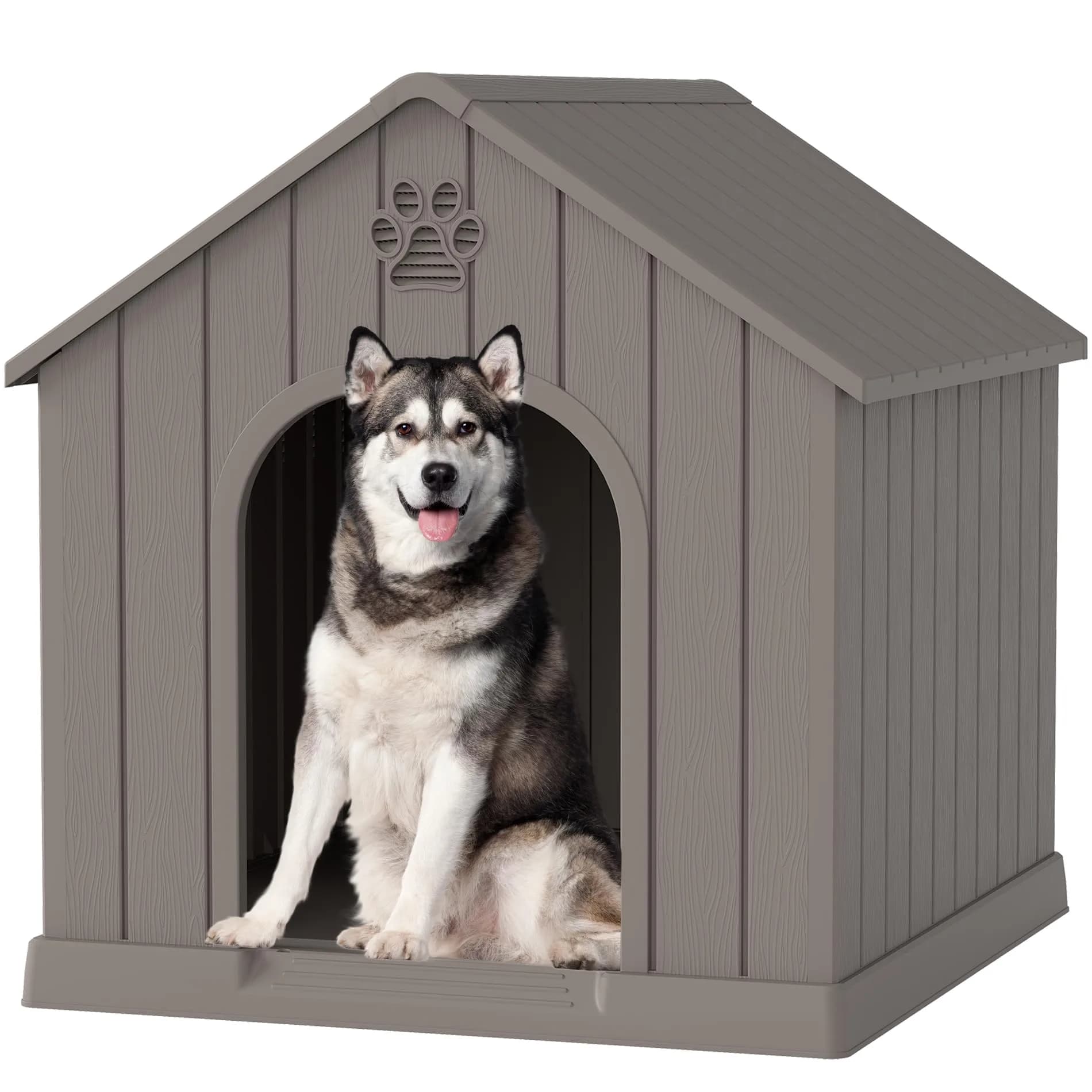 Fancyango Medium Large Dog House Outdoor Indoor | Waterproof Plastic Shelter with Air Vents & Elevated Floor — Classic Grey / 36.2" L×38" W×38" H