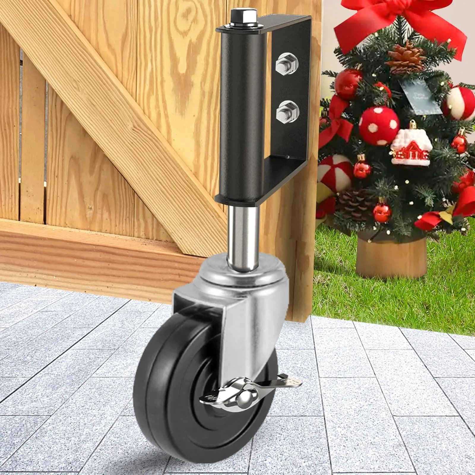 LIBEROLL Heavy Duty Gate Caster 10.16 cm (4 Inches) Rubber Wheel | Spring Loaded Swivel Caster for Wooden Gates, 113 kg (250 LBS) Load Capacity — Black