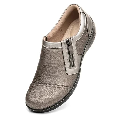 Gloryjoy Women's Leather Loafers with Memory Foam Insole & Zipper Closure, Bronze Metallic, 2.5cm (1.1 inch) Heel | Comfortable Work & Walking Flats thumbnail 1