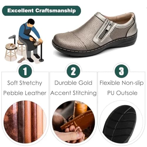 Gloryjoy Women's Leather Loafers with Memory Foam Insole & Zipper Closure, Bronze Metallic, 2.5cm (1.1 inch) Heel | Comfortable Work & Walking Flats thumbnail 5