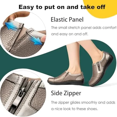 Gloryjoy Women's Leather Loafers with Memory Foam Insole & Zipper Closure, Bronze Metallic, 2.5cm (1.1 inch) Heel | Comfortable Work & Walking Flats thumbnail 6