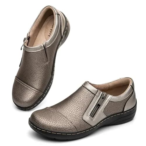 Gloryjoy Women's Leather Loafers with Memory Foam Insole & Zipper Closure, Bronze Metallic, 2.5cm (1.1 inch) Heel | Comfortable Work & Walking Flats thumbnail 8
