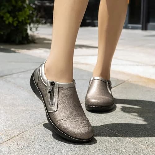 Gloryjoy Women's Leather Loafers with Memory Foam Insole & Zipper Closure, Bronze Metallic, 2.5cm (1.1 inch) Heel | Comfortable Work & Walking Flats thumbnail 3