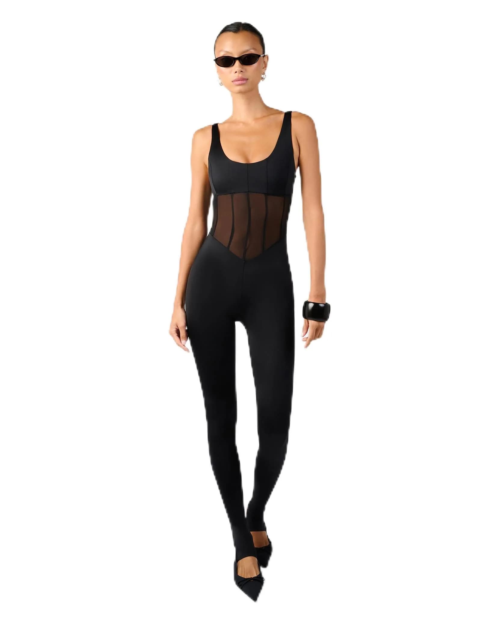 WEWOREWHAT Women's Spandex Sheer Panel Bodysuit X-Small | Black, Sleeveless, Solid, Imported