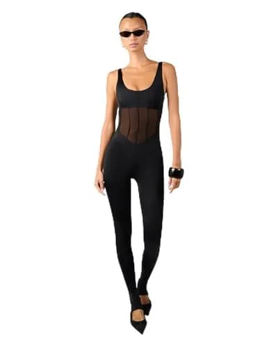 WEWOREWHAT Women's Spandex Sheer Panel Bodysuit X-Small | Black, Sleeveless, Solid, Imported thumbnail 1