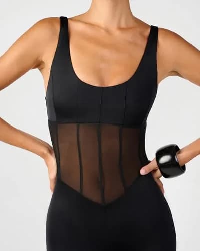 WEWOREWHAT Women's Spandex Sheer Panel Bodysuit X-Small | Black, Sleeveless, Solid, Imported thumbnail 2