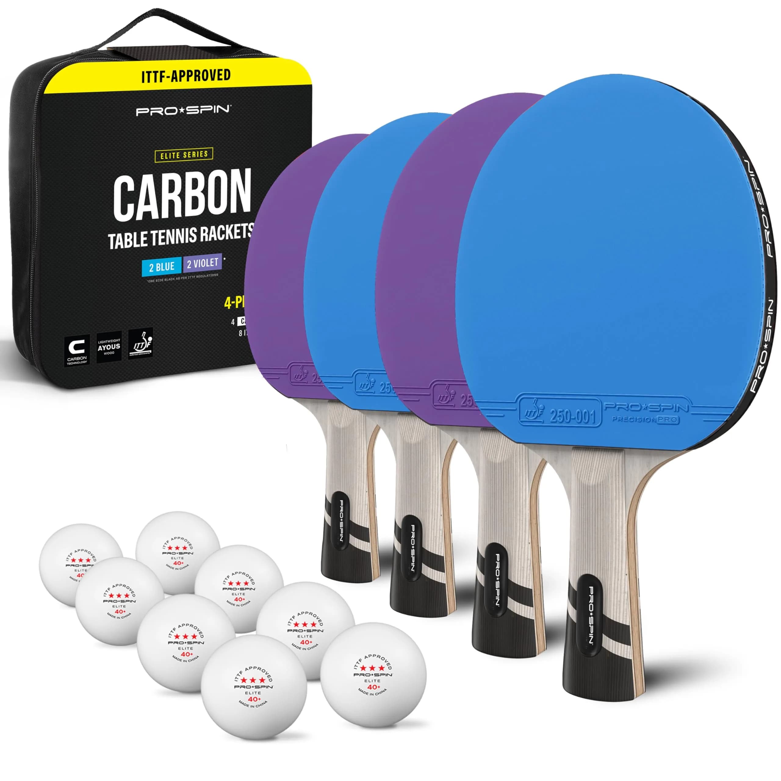 PRO-SPIN Carbon Fiber Table Tennis Rackets, 4-Pack, Blue/Violet - main product image