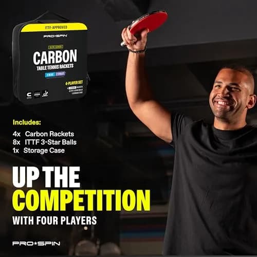 PRO-SPIN 4-Player Carbon Fiber Ping Pong Paddle Set with 8 ITTF-Approved Balls | 7-Ply Blade, 2.0mm Sponge, Shakehand Grip thumbnail 9