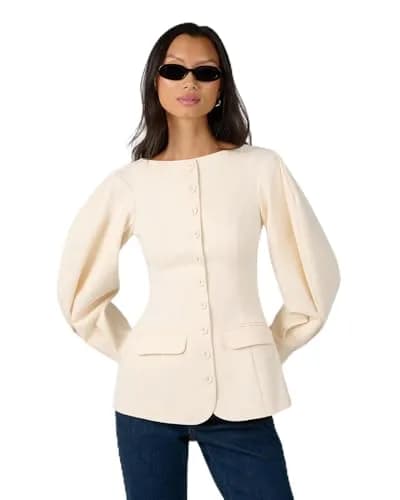 WEWOREWHAT Cocoon Sleeve Peplum Blazer Ivory M | Fitted Cotton Blazer with Princess Seams thumbnail 1