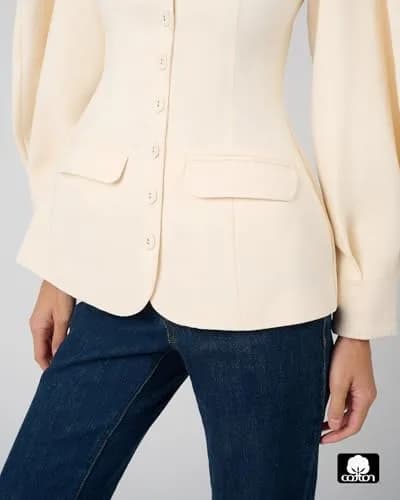 WEWOREWHAT Cocoon Sleeve Peplum Blazer Ivory M | Fitted Cotton Blazer with Princess Seams thumbnail 2