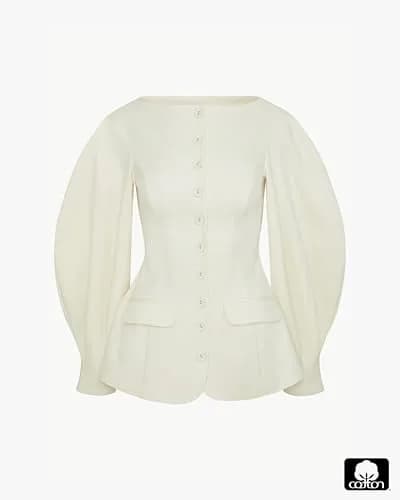 WEWOREWHAT Cocoon Sleeve Peplum Blazer Ivory M | Fitted Cotton Blazer with Princess Seams thumbnail 3