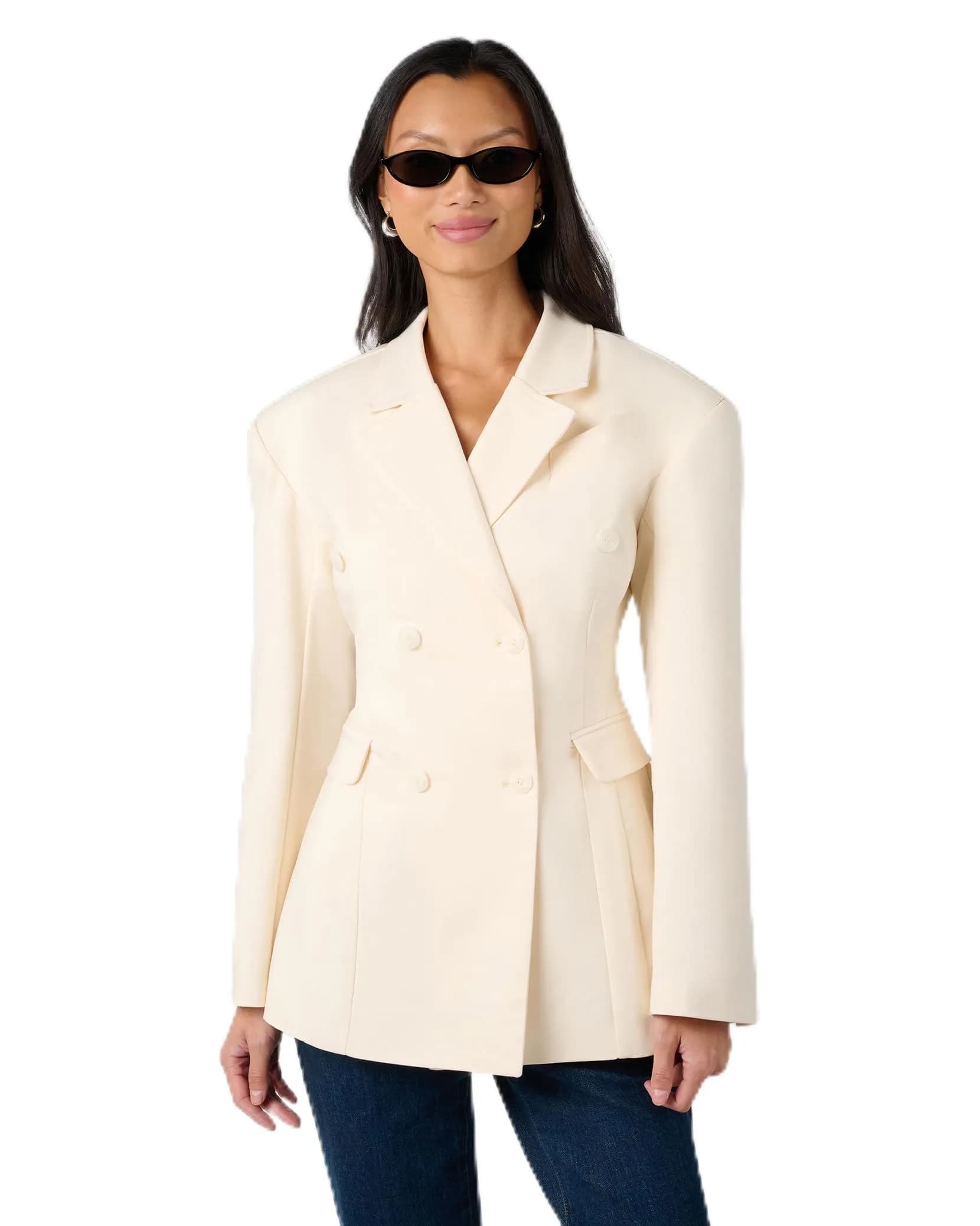 WEWOREWHAT Double Breasted Cinched Waist Blazer in Ivory | Tailored Fit with Padded Shoulders