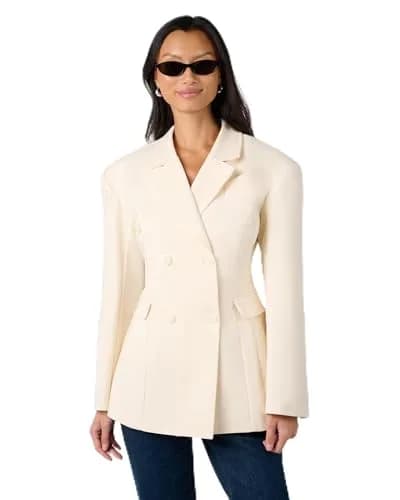 WEWOREWHAT Double Breasted Cinched Waist Blazer in Ivory | Tailored Fit with Padded Shoulders thumbnail 1