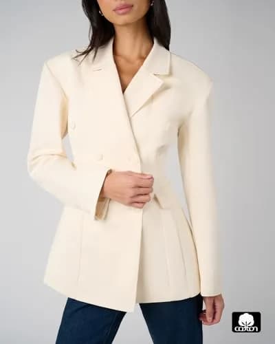 WEWOREWHAT Double Breasted Cinched Waist Blazer in Ivory | Tailored Fit with Padded Shoulders thumbnail 2