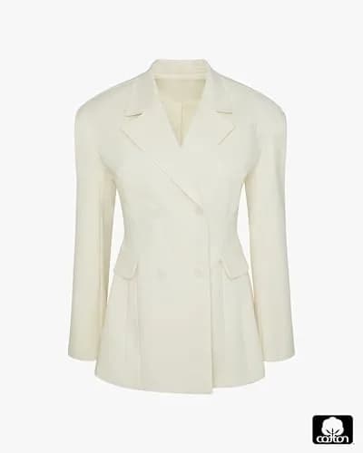 WEWOREWHAT Double Breasted Cinched Waist Blazer in Ivory | Tailored Fit with Padded Shoulders thumbnail 3