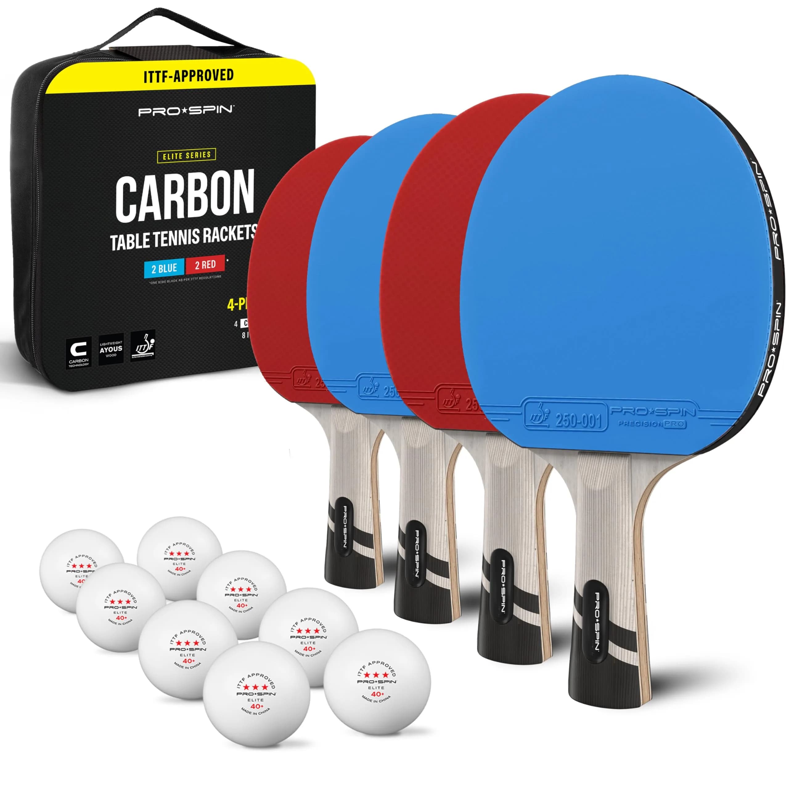 PRO-SPIN 4-Pack Blue/Red Carbon Fiber Table Tennis Rackets | 7-Ply Blade, 2.0mm Sponge, Shakehand Grip - main product image