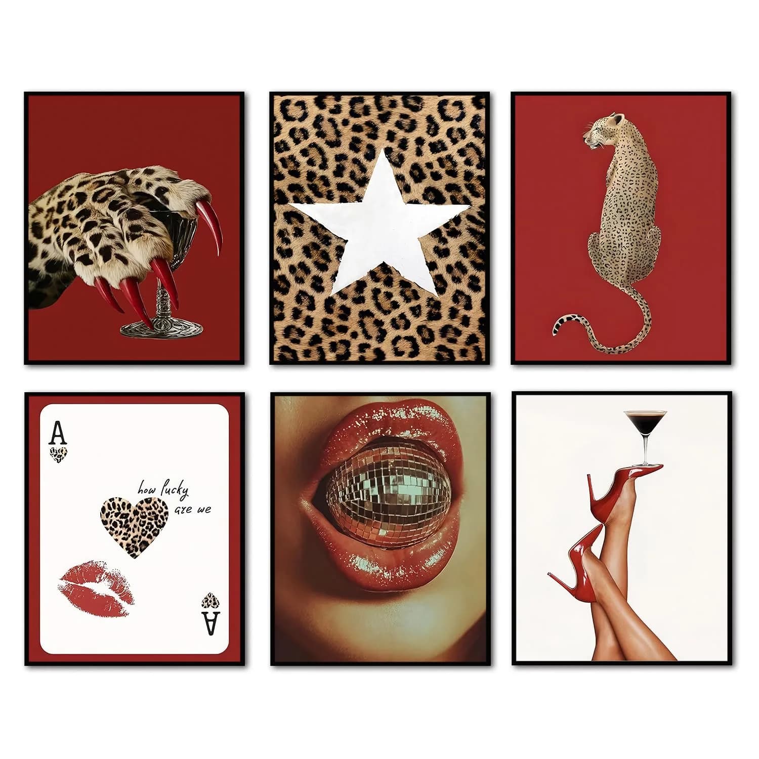 Hwetui Red Trendy Leopard Wall Art Poster Set of 6, 8x10 inch | Funky Cheetah Martini Disco Ball Lip Prints for Living Room Bedroom Dorm — Red