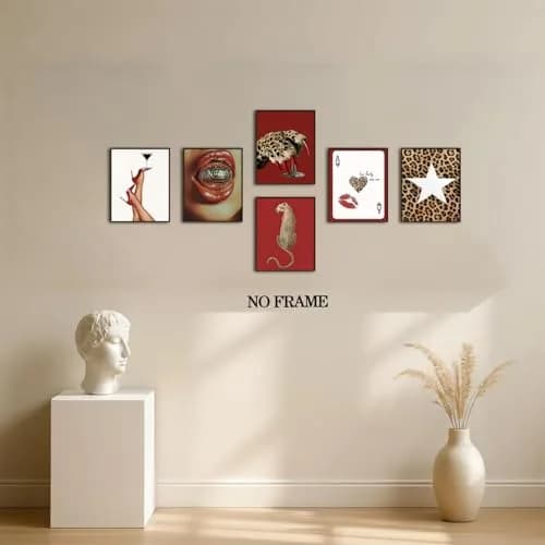 Hwetui Red Trendy Leopard Wall Art Poster Set of 6, 8x10 inch | Funky Cheetah Martini Disco Ball Lip Prints for Living Room Bedroom Dorm thumbnail 8