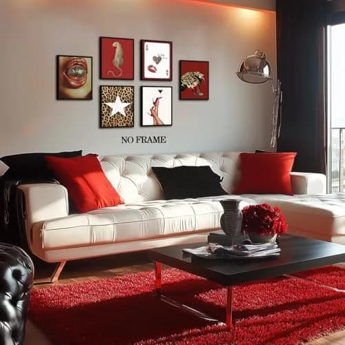 Hwetui Red Trendy Leopard Wall Art Poster Set of 6, 8x10 inch | Funky Cheetah Martini Disco Ball Lip Prints for Living Room Bedroom Dorm thumbnail 9
