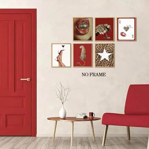 Hwetui Red Trendy Leopard Wall Art Poster Set of 6, 8x10 inch | Funky Cheetah Martini Disco Ball Lip Prints for Living Room Bedroom Dorm thumbnail 3