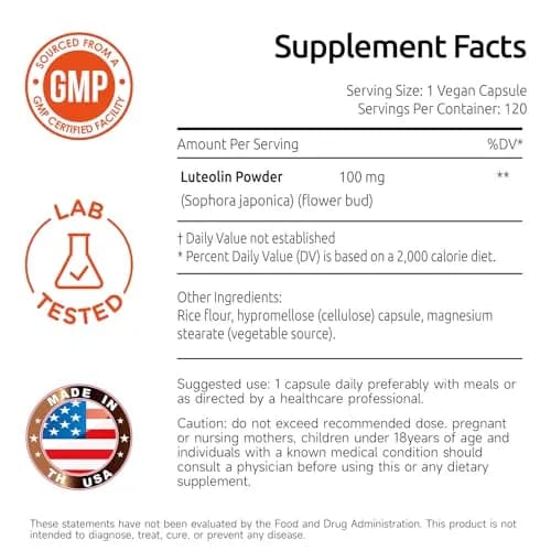 Temimar Luteolin Supplement 100mg | Flavonoids for Brain & Immunity Support, Vegan, Gluten-Free, Made in USA thumbnail 6