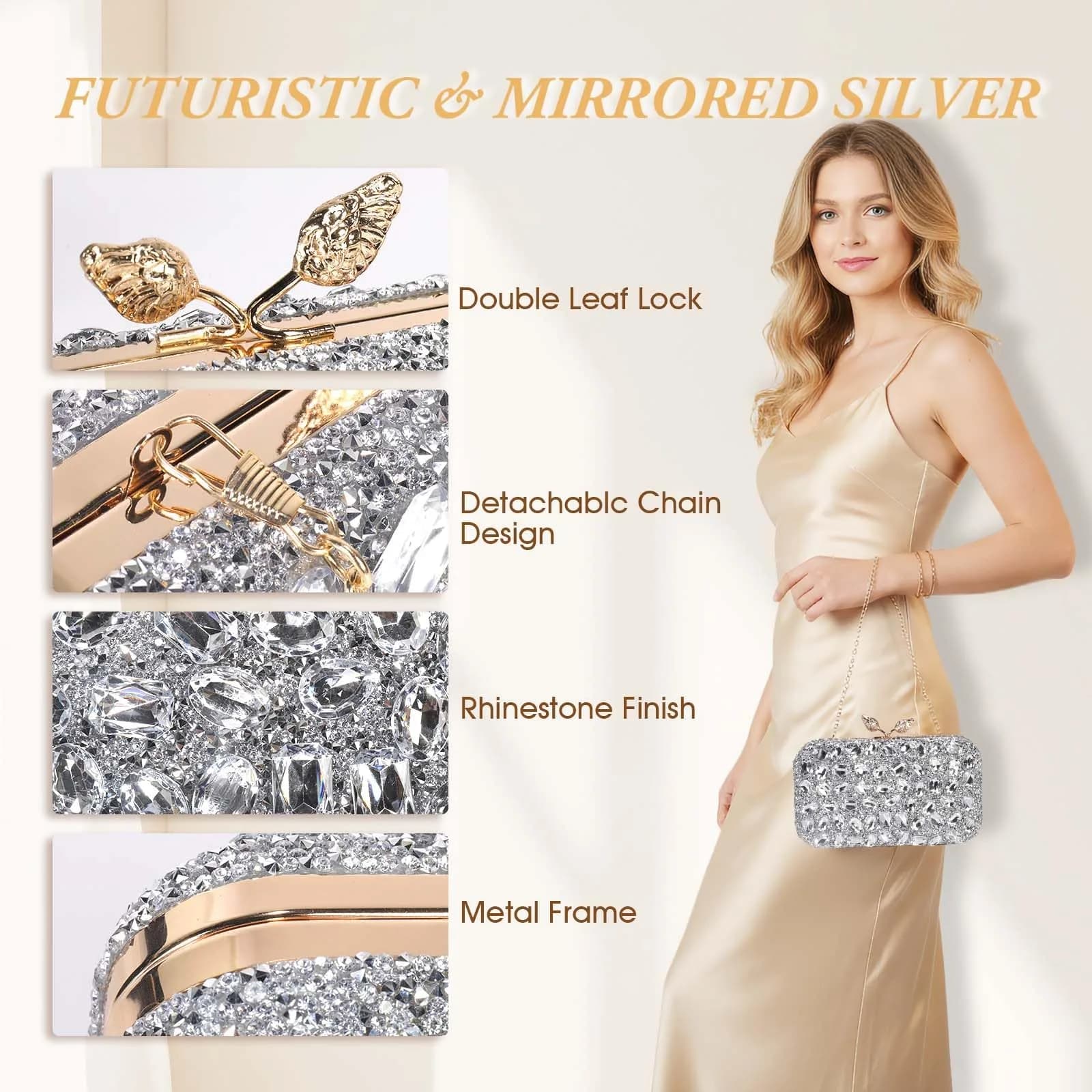 JIAN YA NA Rhinestone Clutch Silver Evening Bag - High End Rhinestone Wings Design - view 2