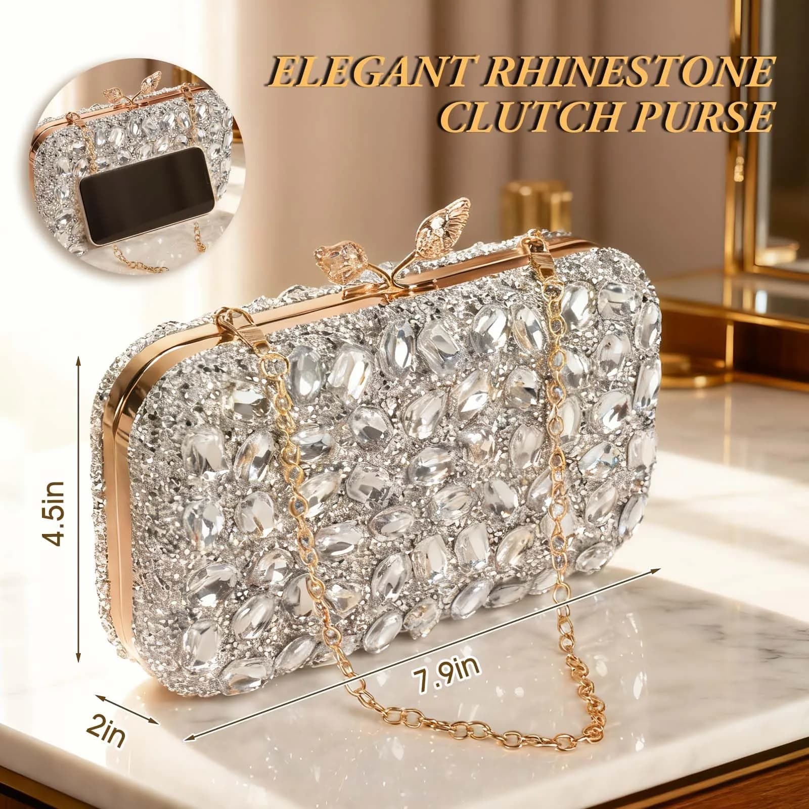 JIAN YA NA Rhinestone Clutch Silver Evening Bag - High End Rhinestone Wings Design - view 3