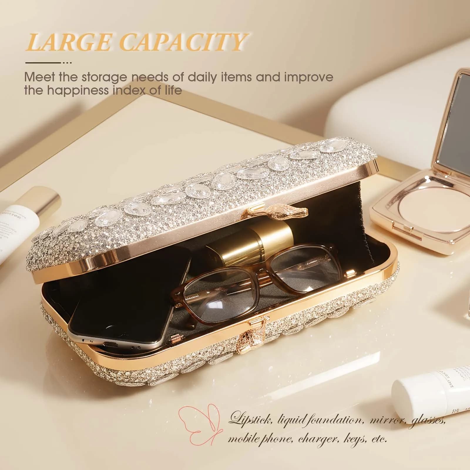 JIAN YA NA Rhinestone Clutch Silver Evening Bag - High End Rhinestone Wings Design - view 4
