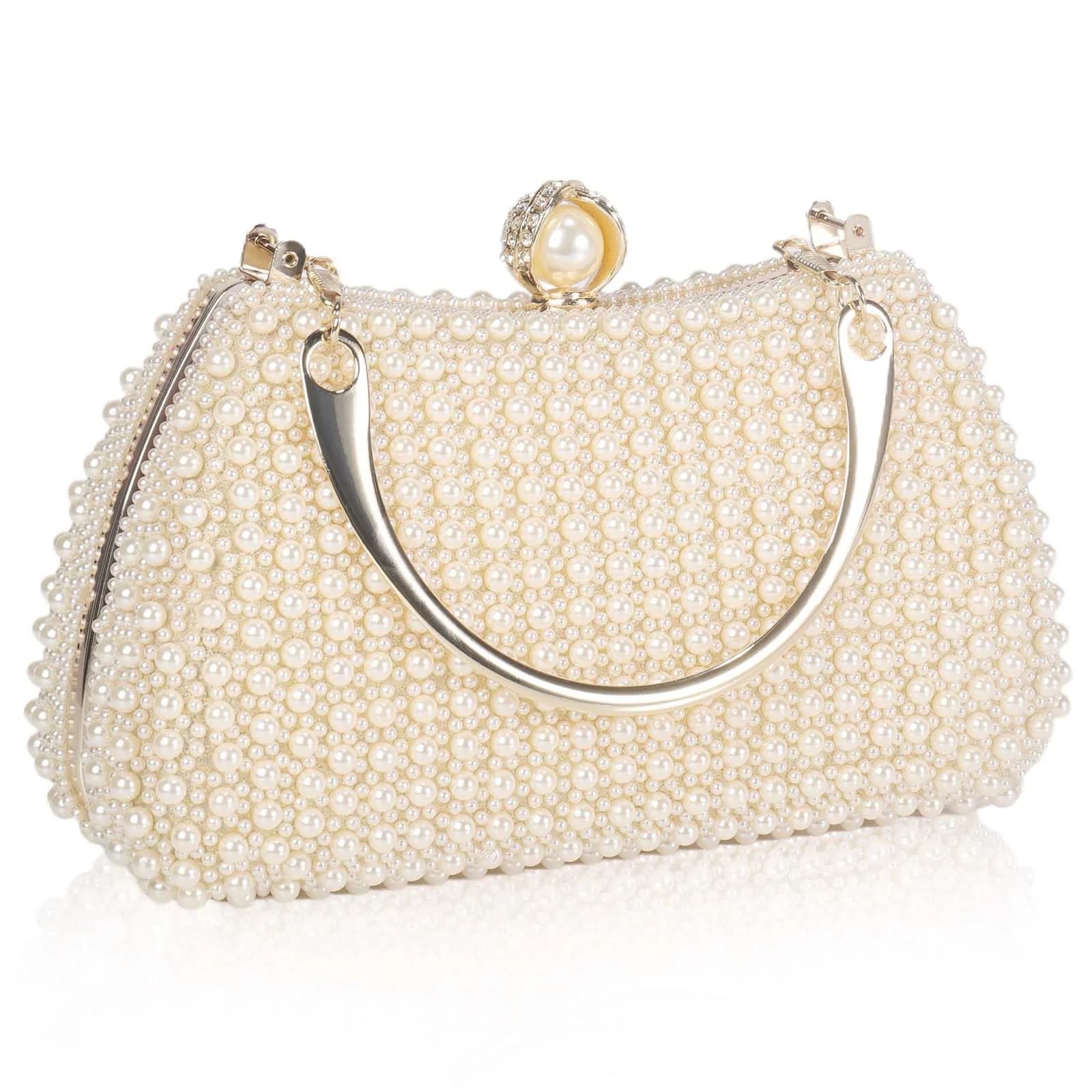 JIAN YA NA Pearl Gold Rhinestone Trihedral Clutch Evening Bag 11.3cm x 15.5cm | Bling Zipper Wedding Purse - main product image