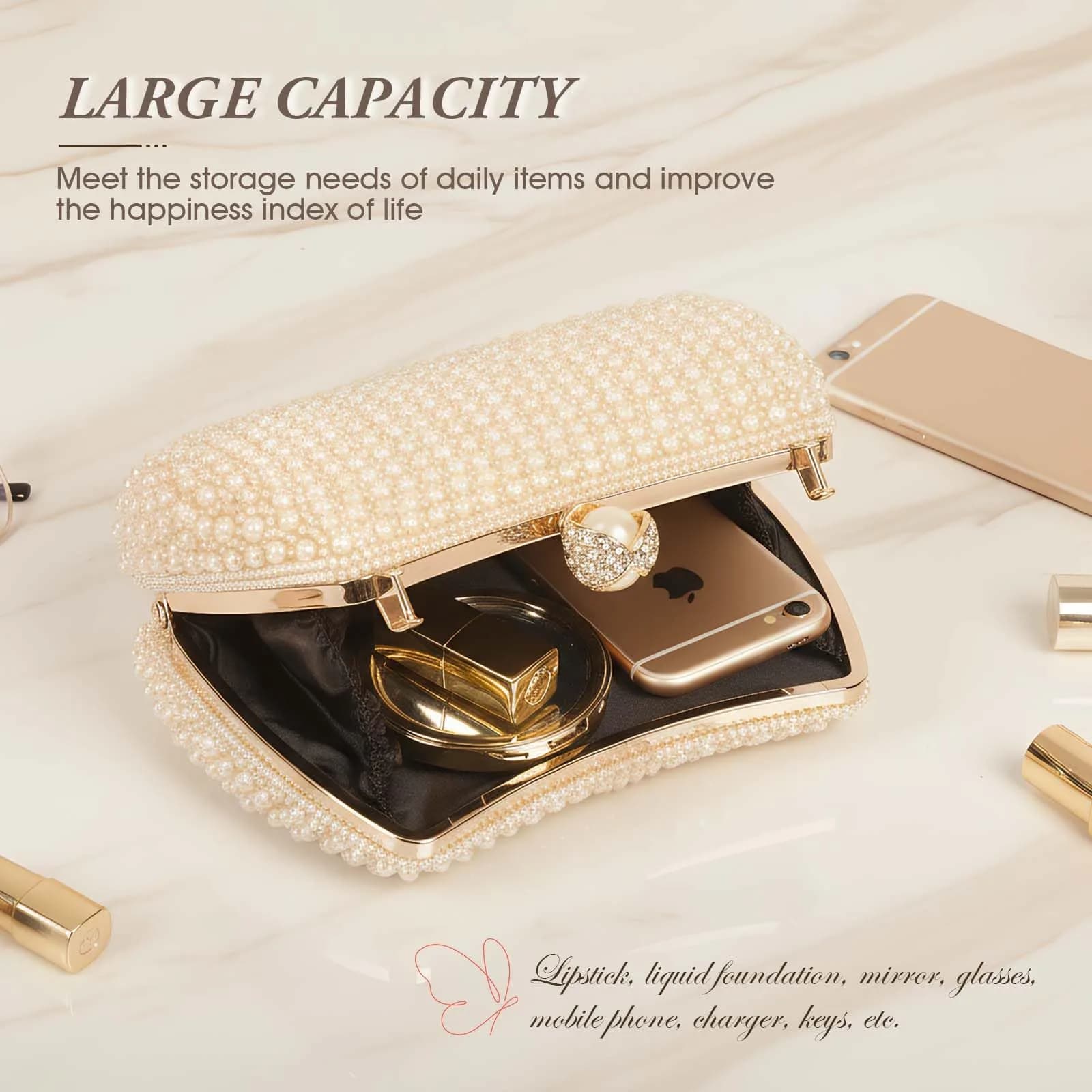 JIAN YA NA Pearl Gold Rhinestone Trihedral Clutch Evening Bag 11.3cm x 15.5cm | Bling Zipper Wedding Purse - view 4