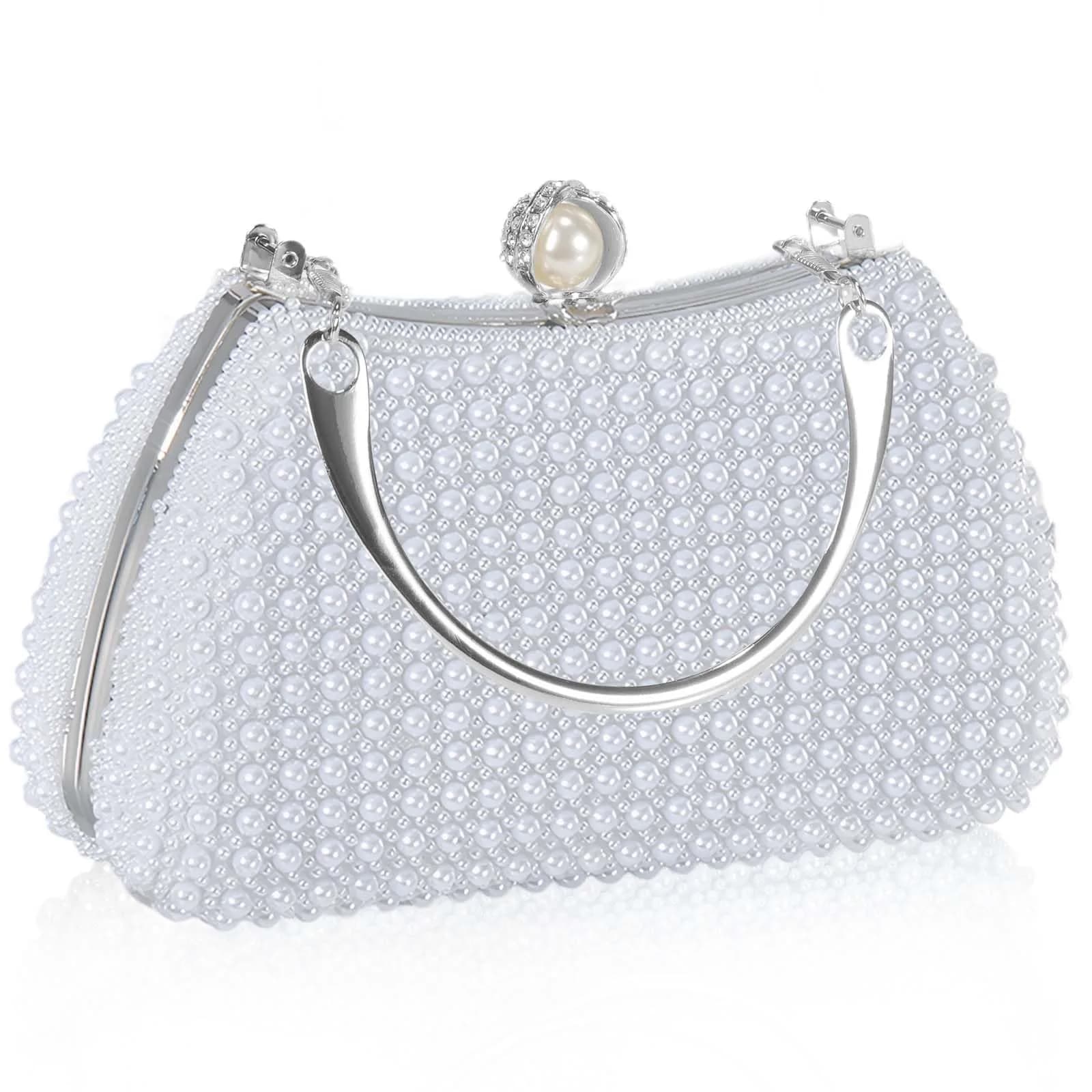 JIAN YA NA Pearl Silver Rhinestone Trihedral Clutch Evening Bag with Elegant Pearls | Bling Zipper Wedding Purse - main product image