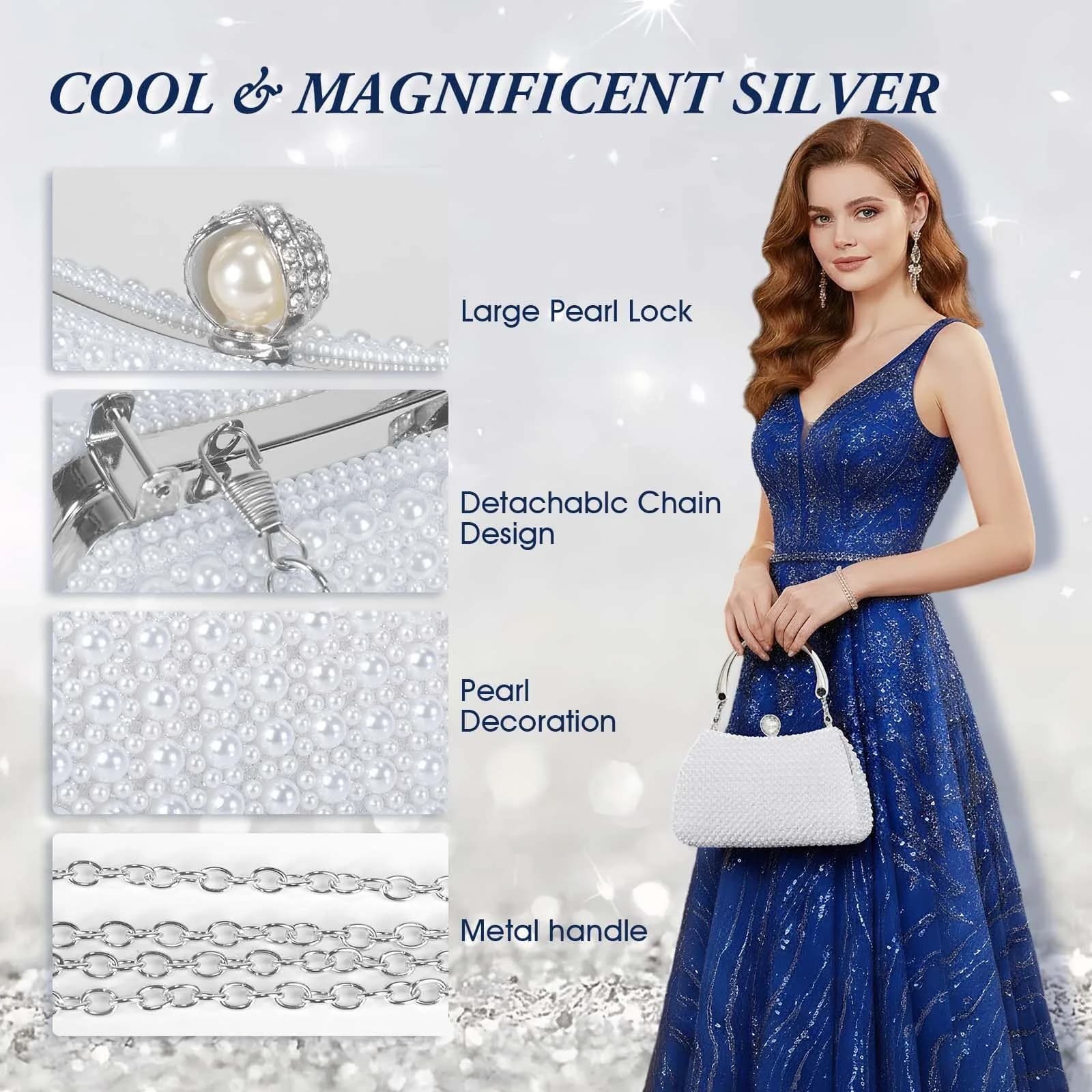 JIAN YA NA Pearl Silver Rhinestone Trihedral Clutch Evening Bag with Elegant Pearls | Bling Zipper Wedding Purse - view 2
