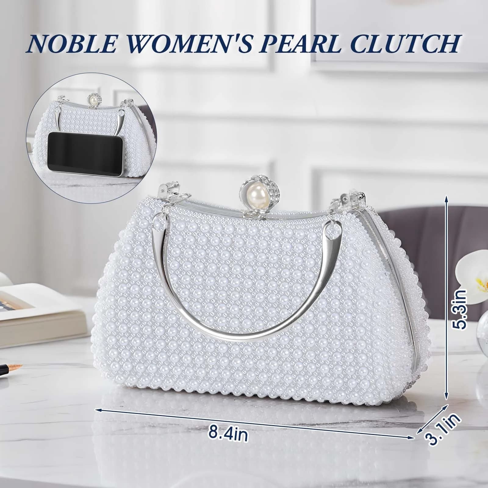 JIAN YA NA Pearl Silver Rhinestone Trihedral Clutch Evening Bag with Elegant Pearls | Bling Zipper Wedding Purse - view 3