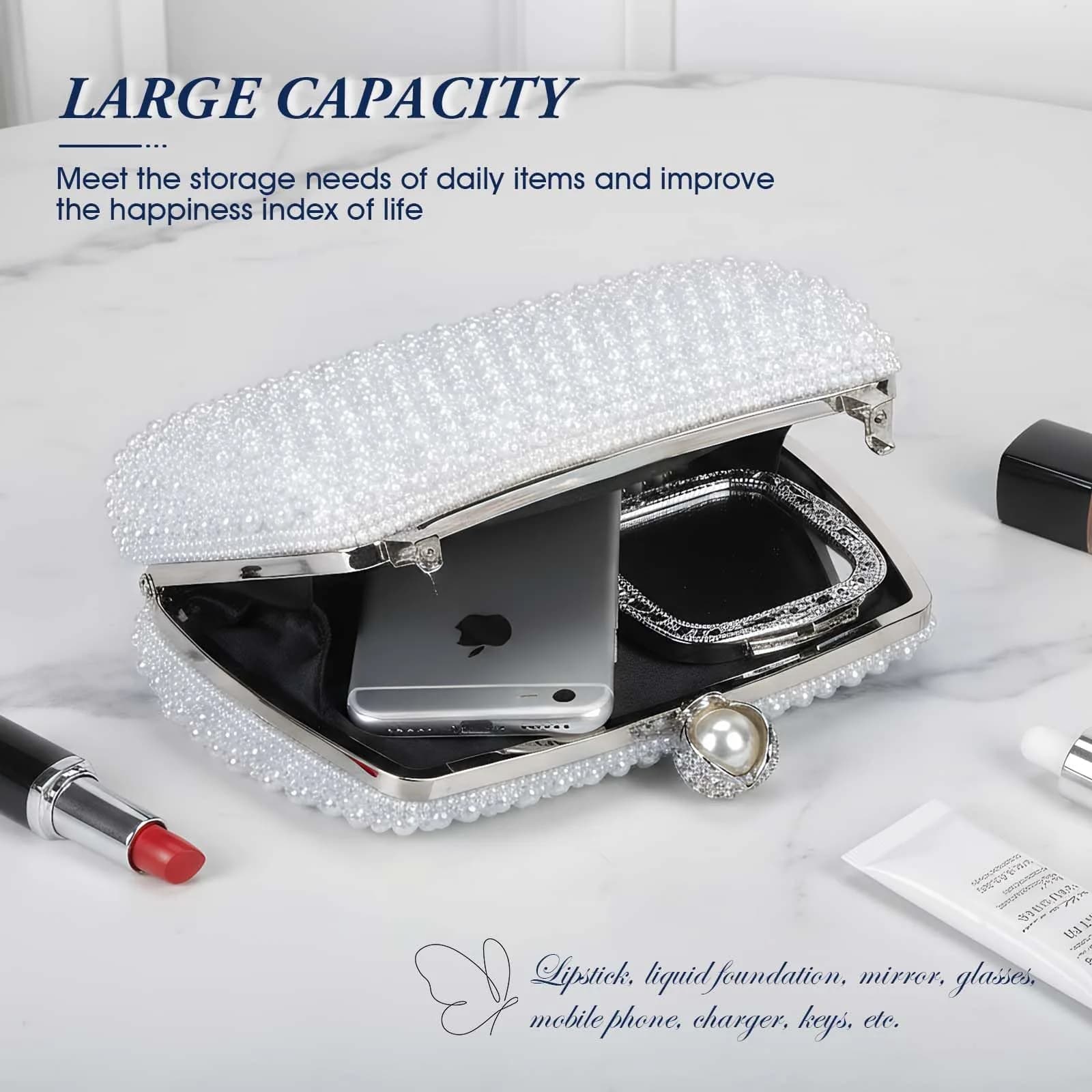JIAN YA NA Pearl Silver Rhinestone Trihedral Clutch Evening Bag with Elegant Pearls | Bling Zipper Wedding Purse - view 4