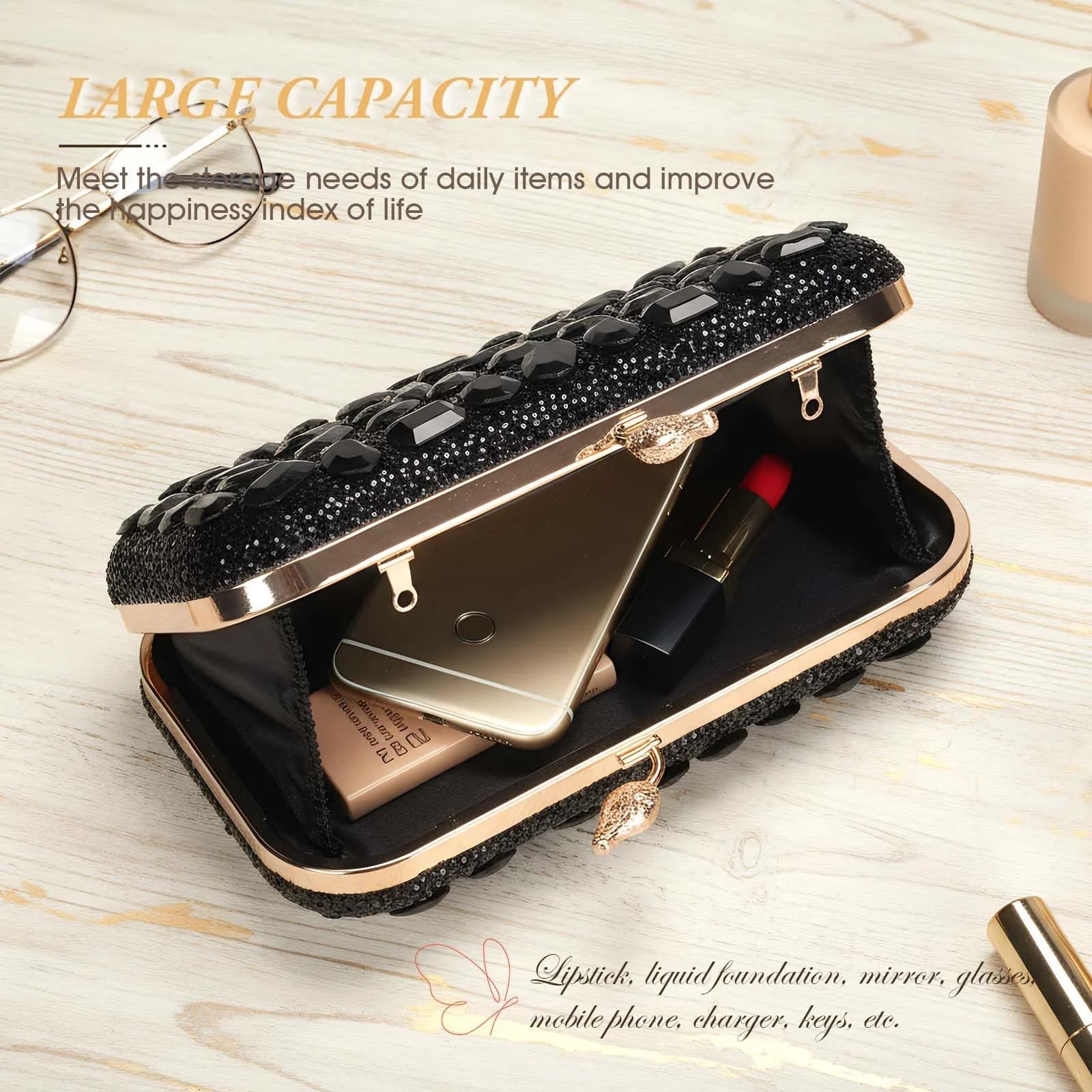 JIAN YA NA Rhinestone Trihedral Clutch Evening Bag - Black - view 4