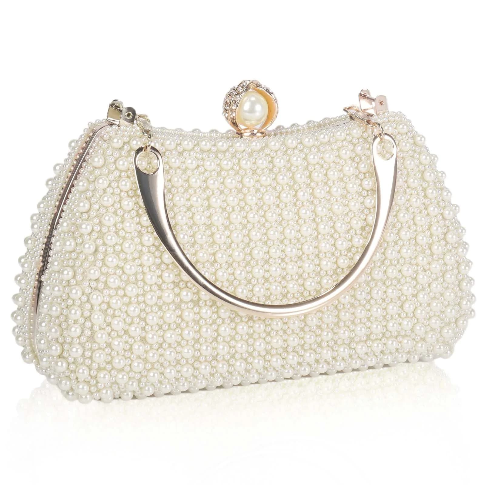 JIAN YA NA Pearl White Rhinestone Trihedral Clutch Evening Bag - Elegant Pearls - main product image