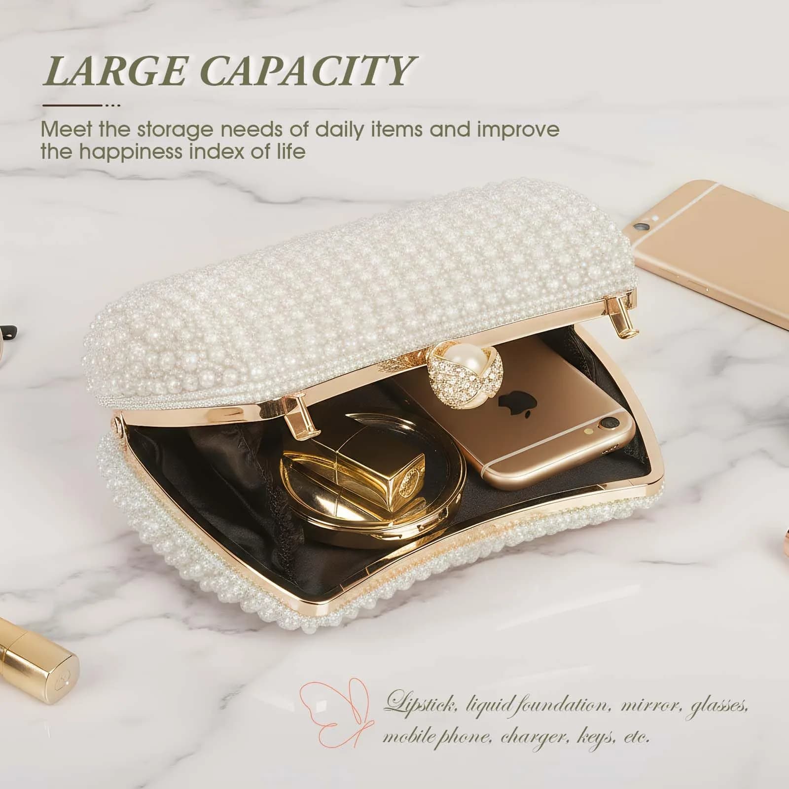 JIAN YA NA Pearl White Rhinestone Trihedral Clutch Evening Bag - Elegant Pearls - view 4