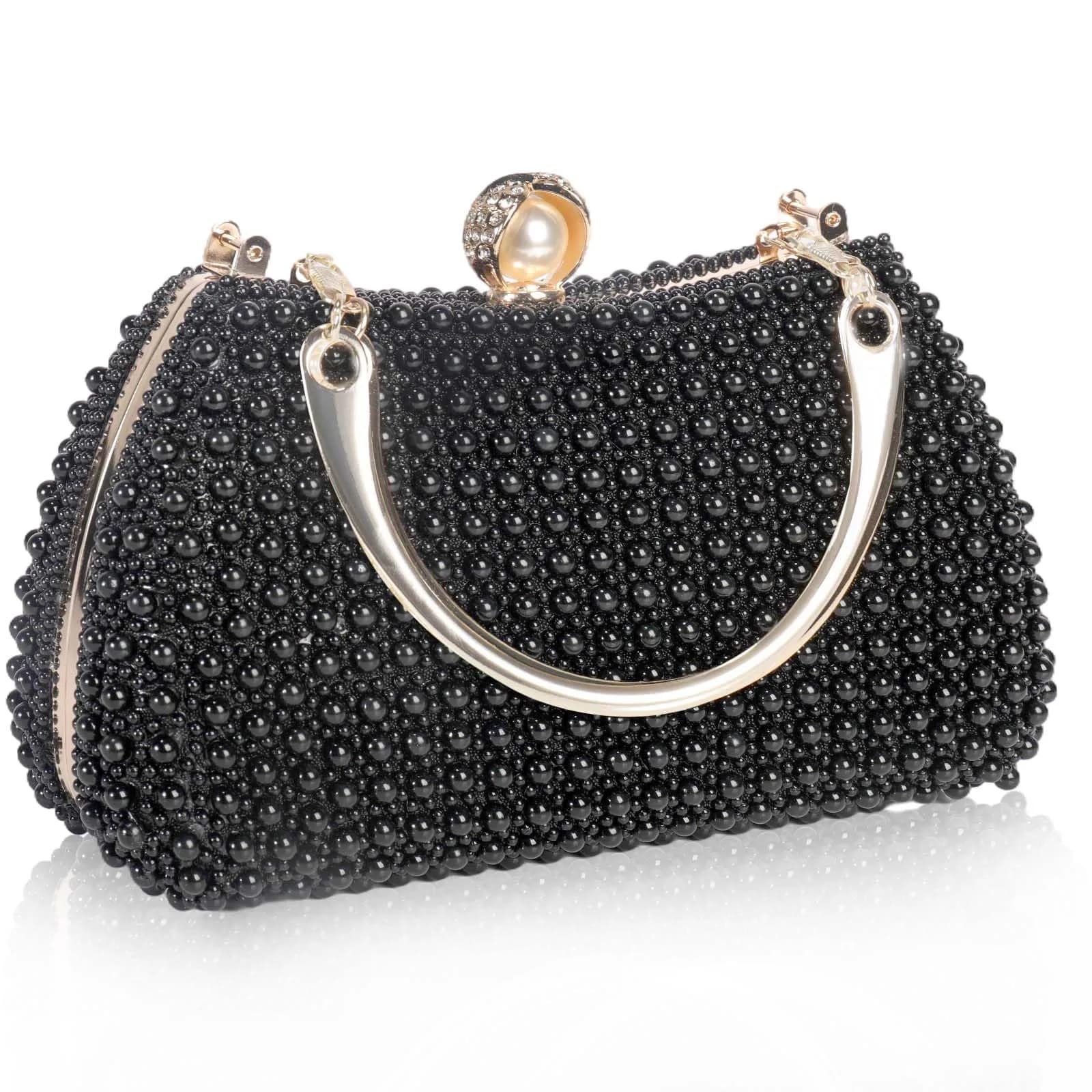 JIAN YA NA Black Pearl Trihedral Clutch Evening Bag 11.3cm x 15.5cm | Elegant Pearl Embellishment - main product image