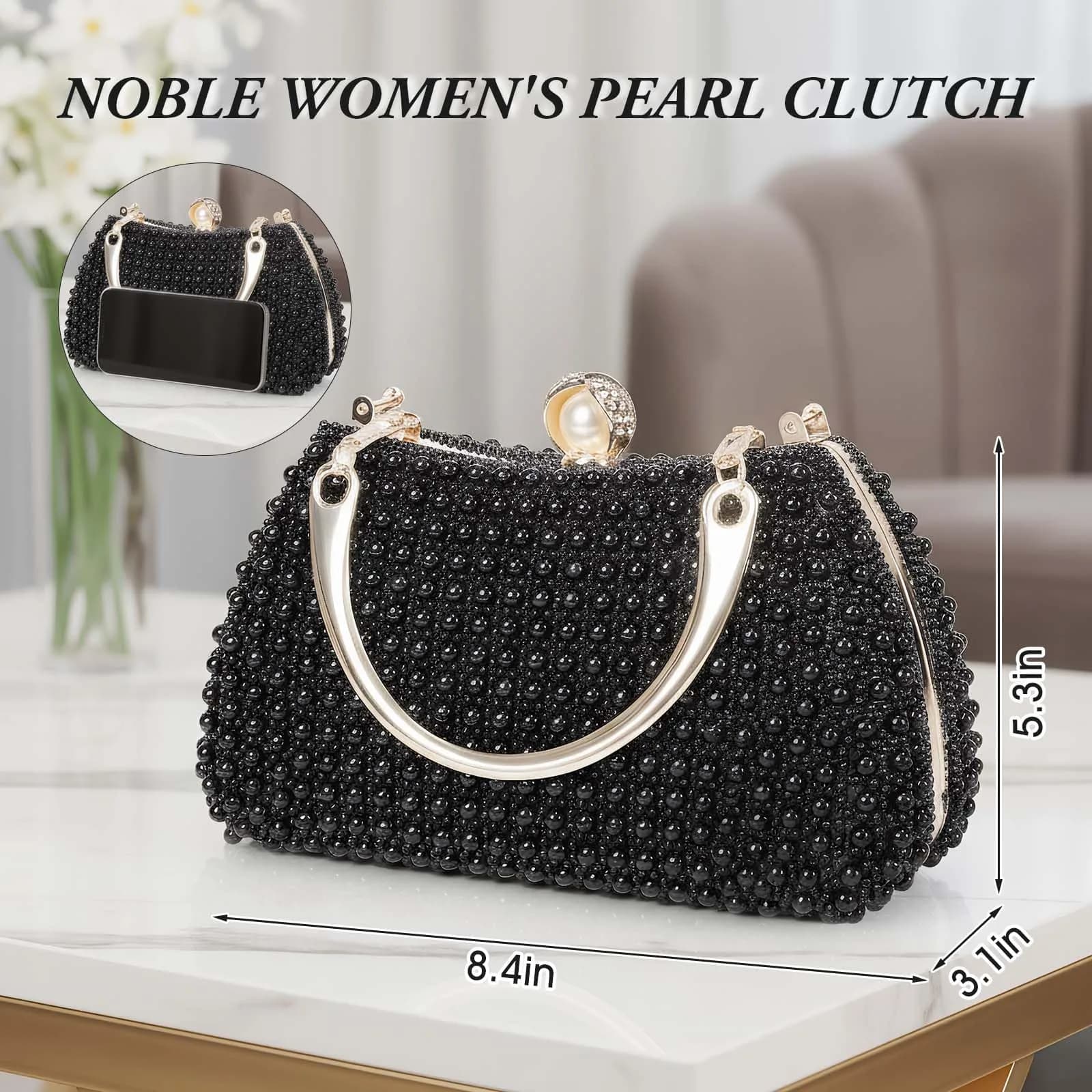JIAN YA NA Black Pearl Trihedral Clutch Evening Bag 11.3cm x 15.5cm | Elegant Pearl Embellishment - view 3