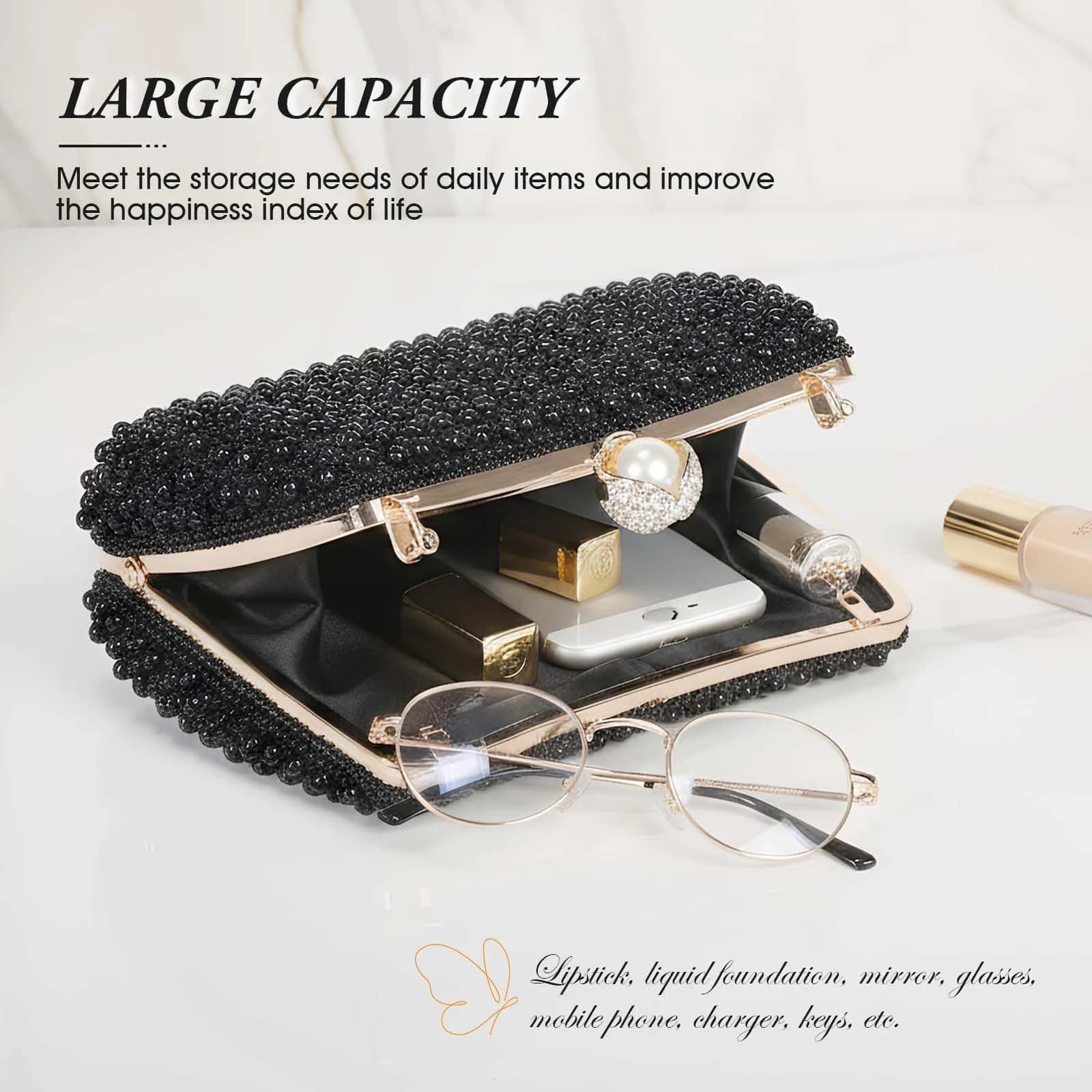 JIAN YA NA Black Pearl Trihedral Clutch Evening Bag 11.3cm x 15.5cm | Elegant Pearl Embellishment - view 4