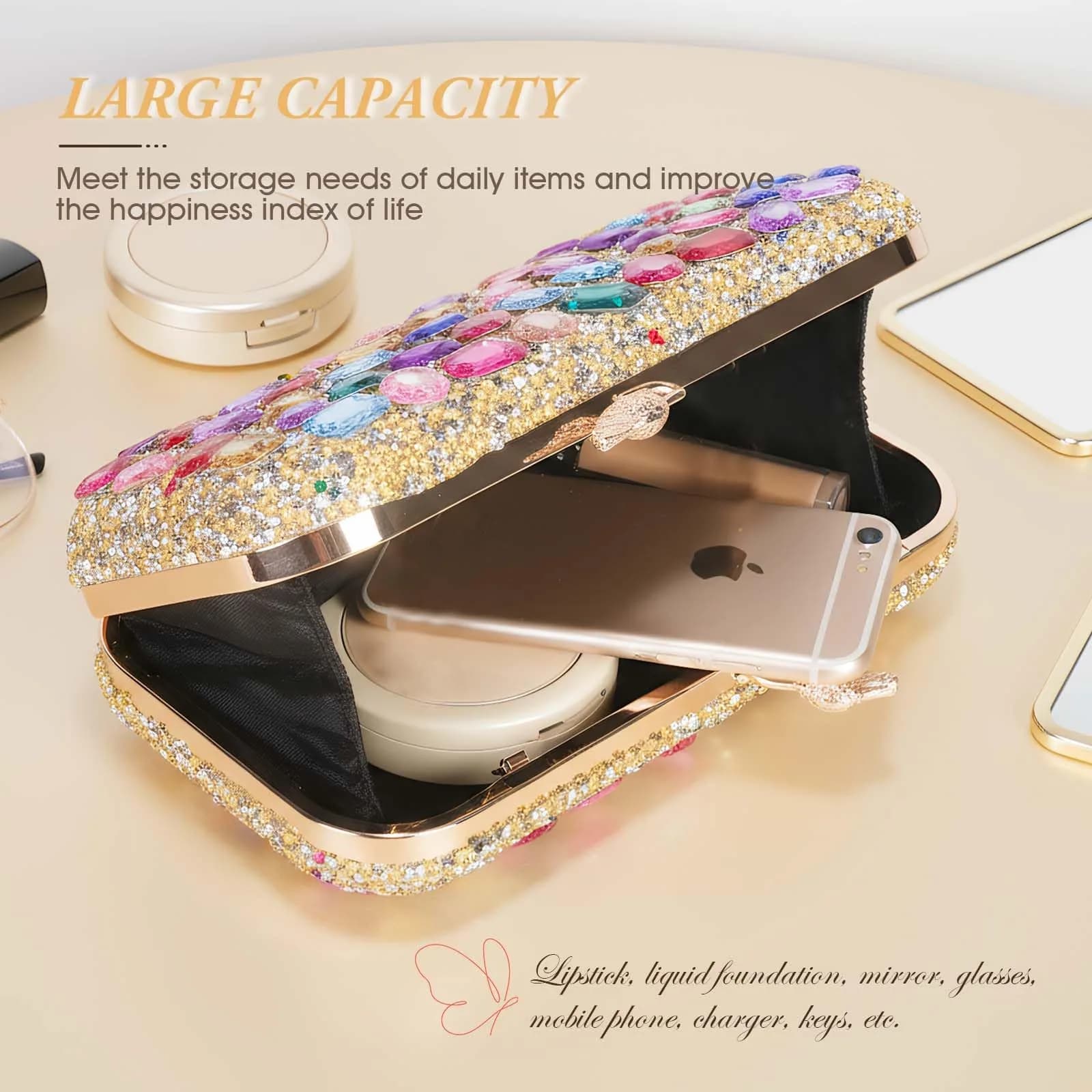 JIAN YA NA Elegant Crystal Clutch Purse for Women, Sparkling Rhinestone Evening Bag with Detachable Chain (20.1 cm / 7.9") | Versatile 3-in-1 Carrying Style - view 5