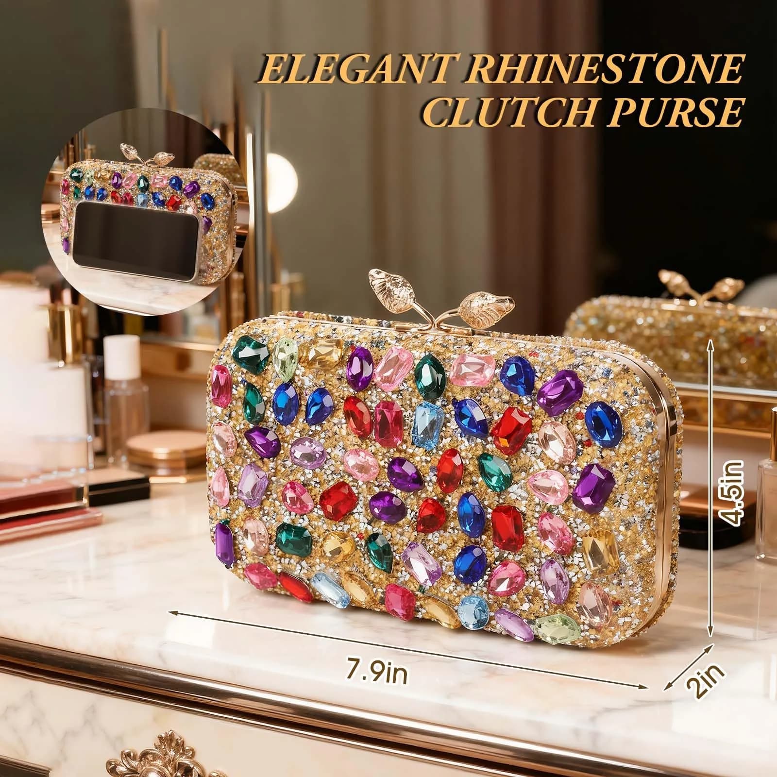 JIAN YA NA Elegant Crystal Clutch Purse for Women, Sparkling Rhinestone Evening Bag with Detachable Chain (20.1 cm / 7.9") | Versatile 3-in-1 Carrying Style - view 4
