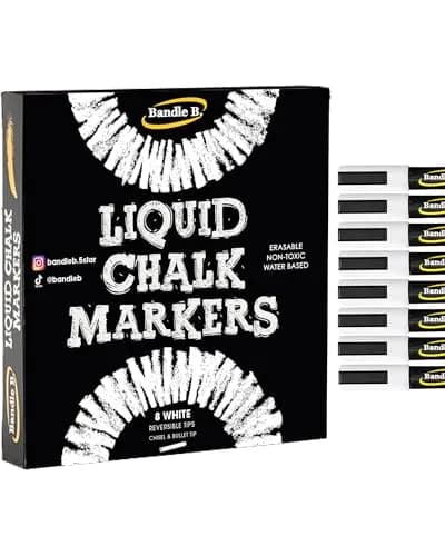 Bandle B. White Liquid Chalk Markers, 6mm Reversible Tip, Pack of 8 | Non-Toxic & Erasable for Glass & Boards - main product image