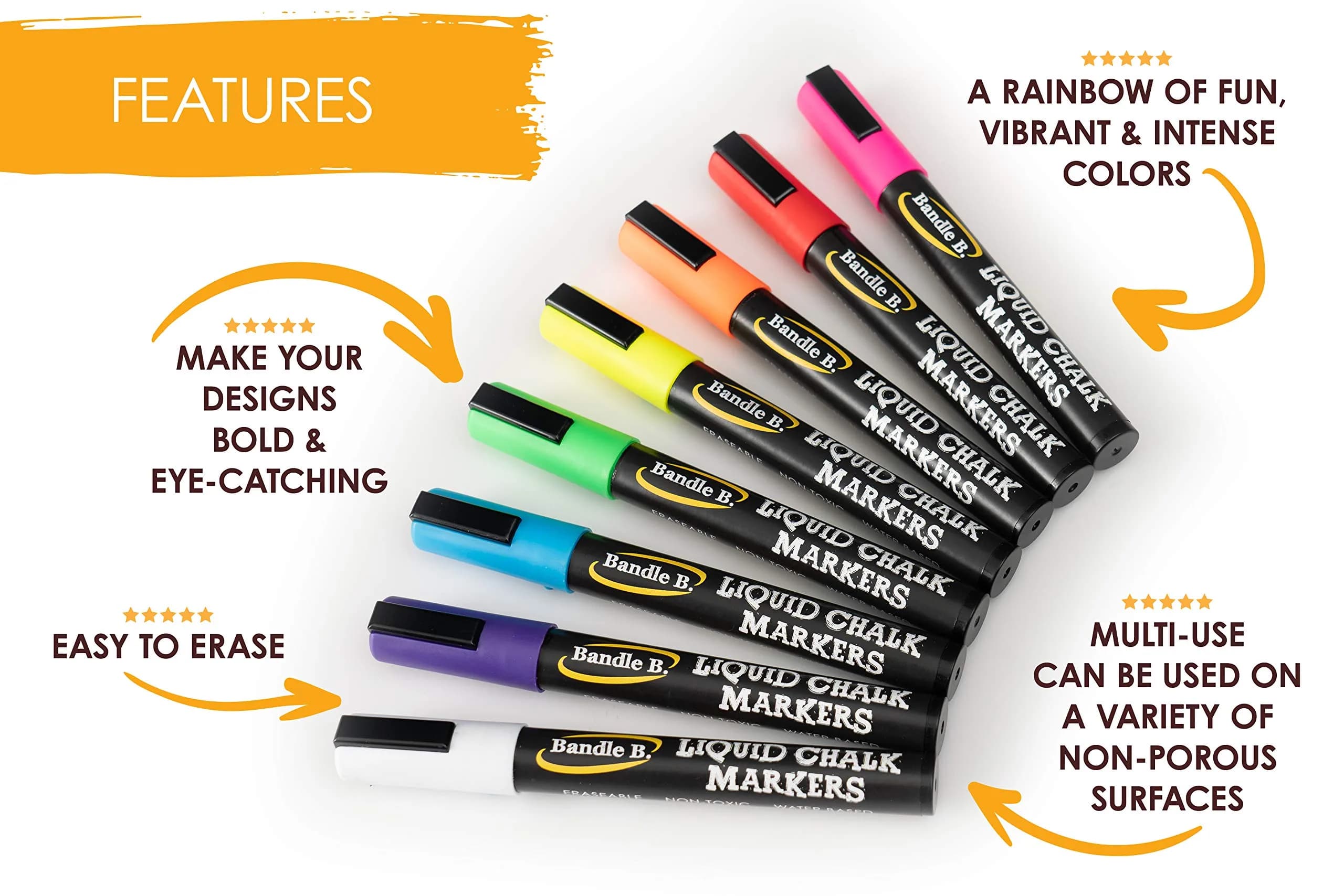Bandle B. Chalk Markers - White, 8 Pack | Non-Toxic Liquid Chalk Pens for Glass & Chalkboards - view 5
