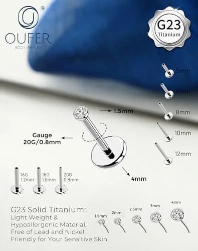 OUFER 20G Silver Titanium Labret Stud 5mm Post | G23 Implant Grade for Sensitive Skin thumbnail 2