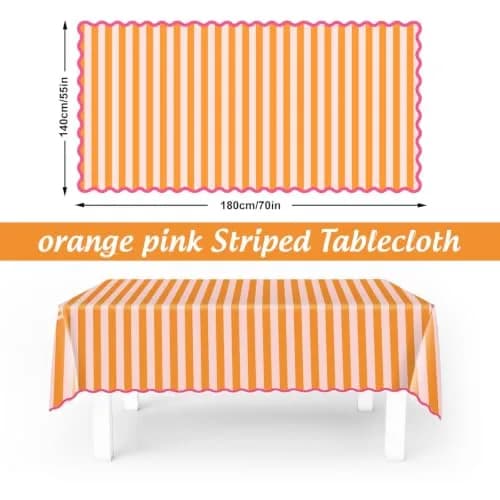 Whaline Waterproof Polyester Tablecloth, Orange Pink Striped, 55 x 70 Inch | Waterproof & Reusable thumbnail 2