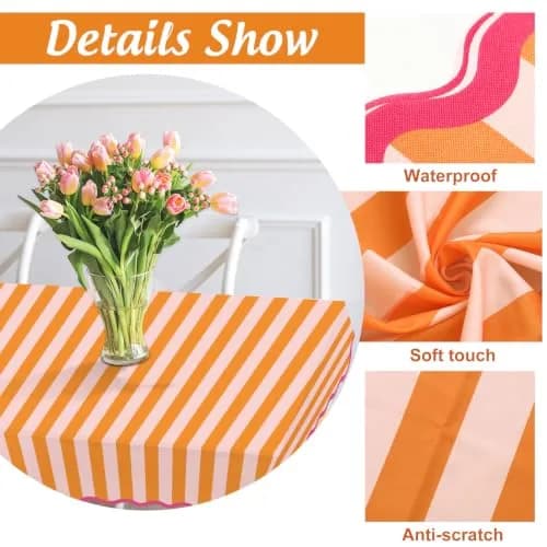 Whaline Waterproof Polyester Tablecloth, Orange Pink Striped, 55 x 70 Inch | Waterproof & Reusable thumbnail 3
