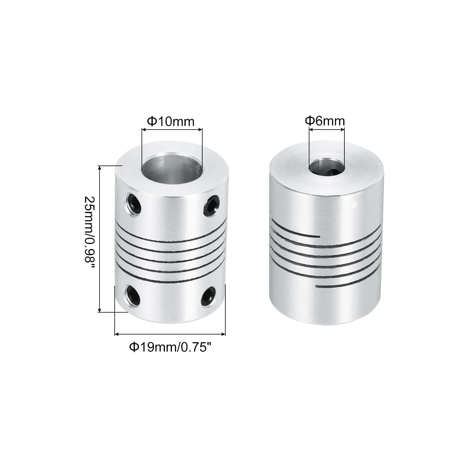 uxcell Flexible Shaft Coupling 6mm to 10mm | Aluminum Alloy, 25mm Length, Silver, for 3D Printer & CNC (70-120c) thumbnail 2