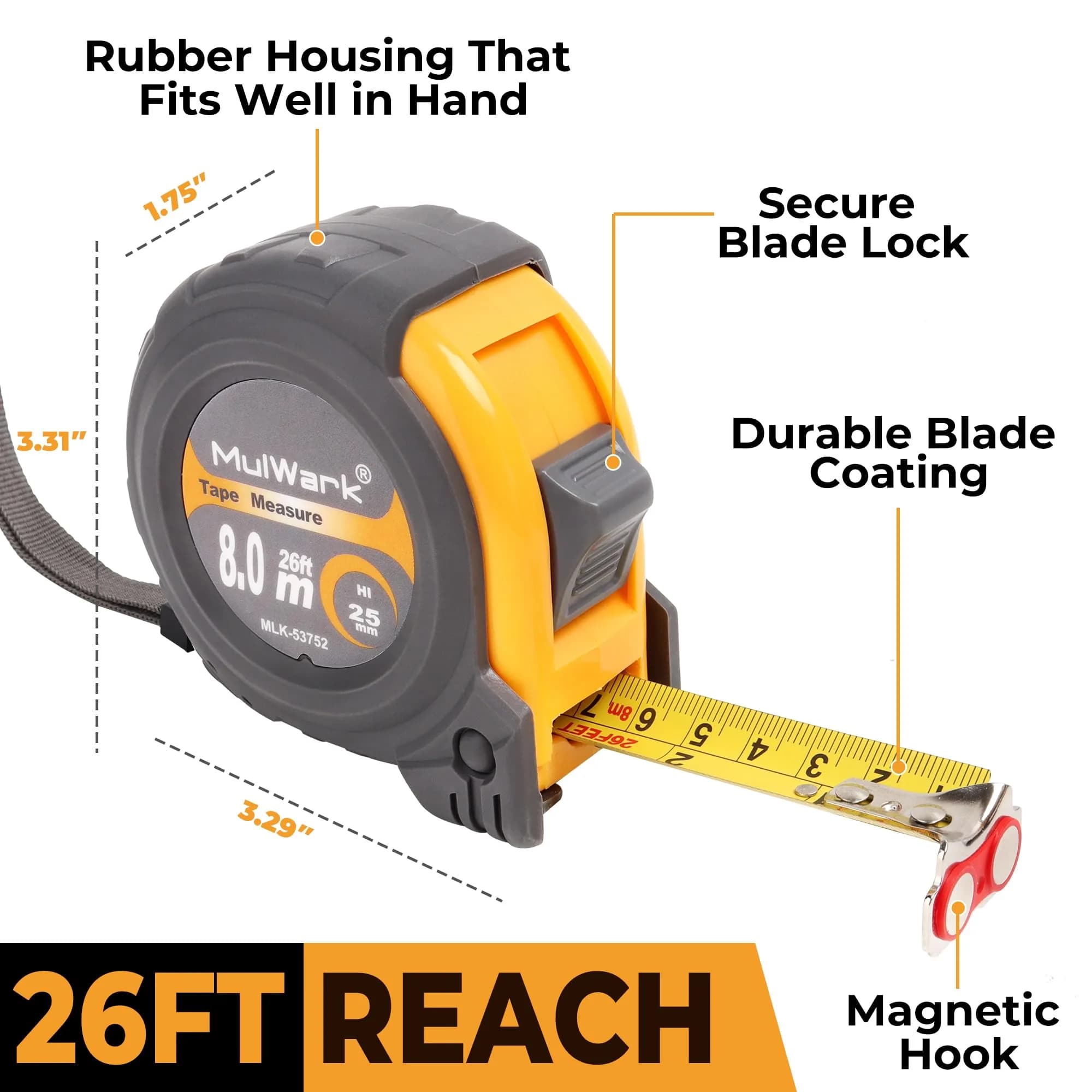 MulWark 4 Pack Retractable Tape Measure 8m (26ft) | Professional Steel Blade with Magnetic Hook & Shockproof Case - view 5