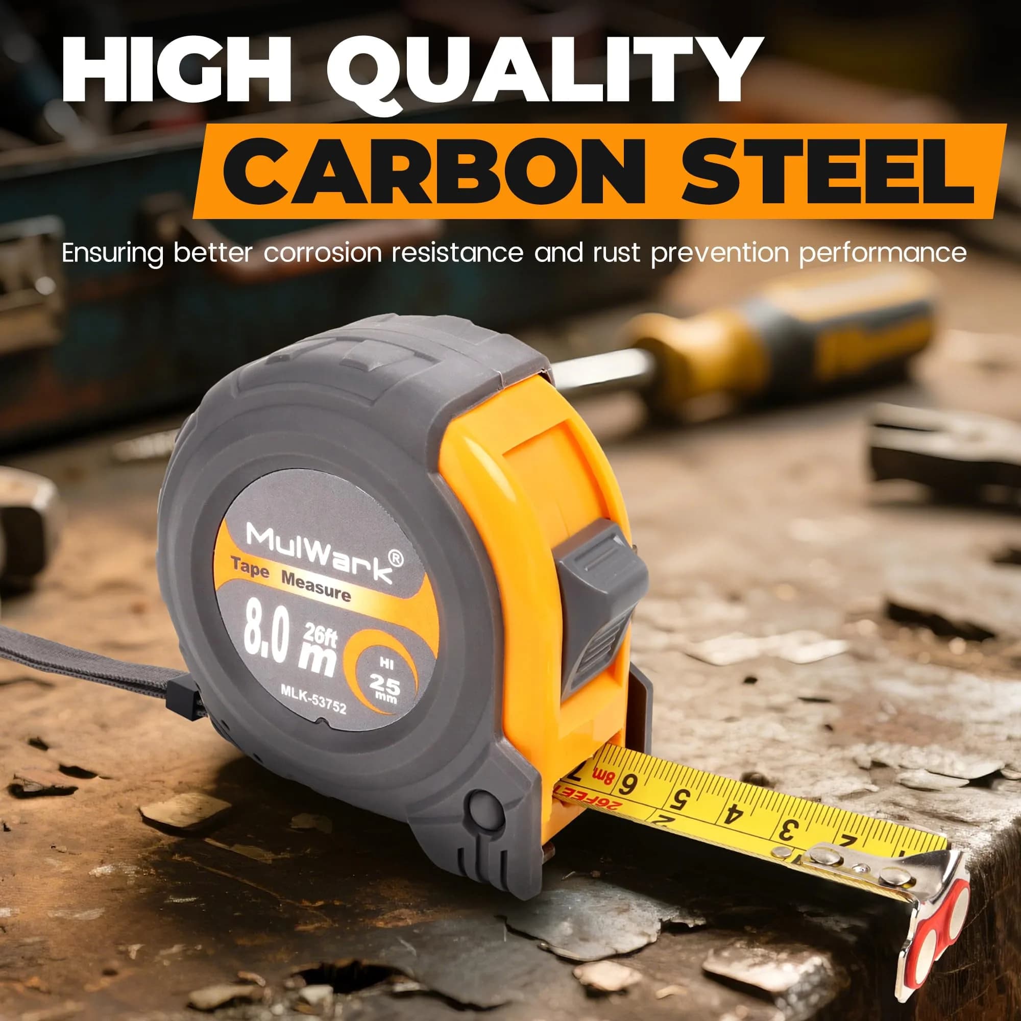 MULWARK Yellow-Grey 26 ft Retractable Tape Measure with Magnetic Hook & Shockproof Case - view 2